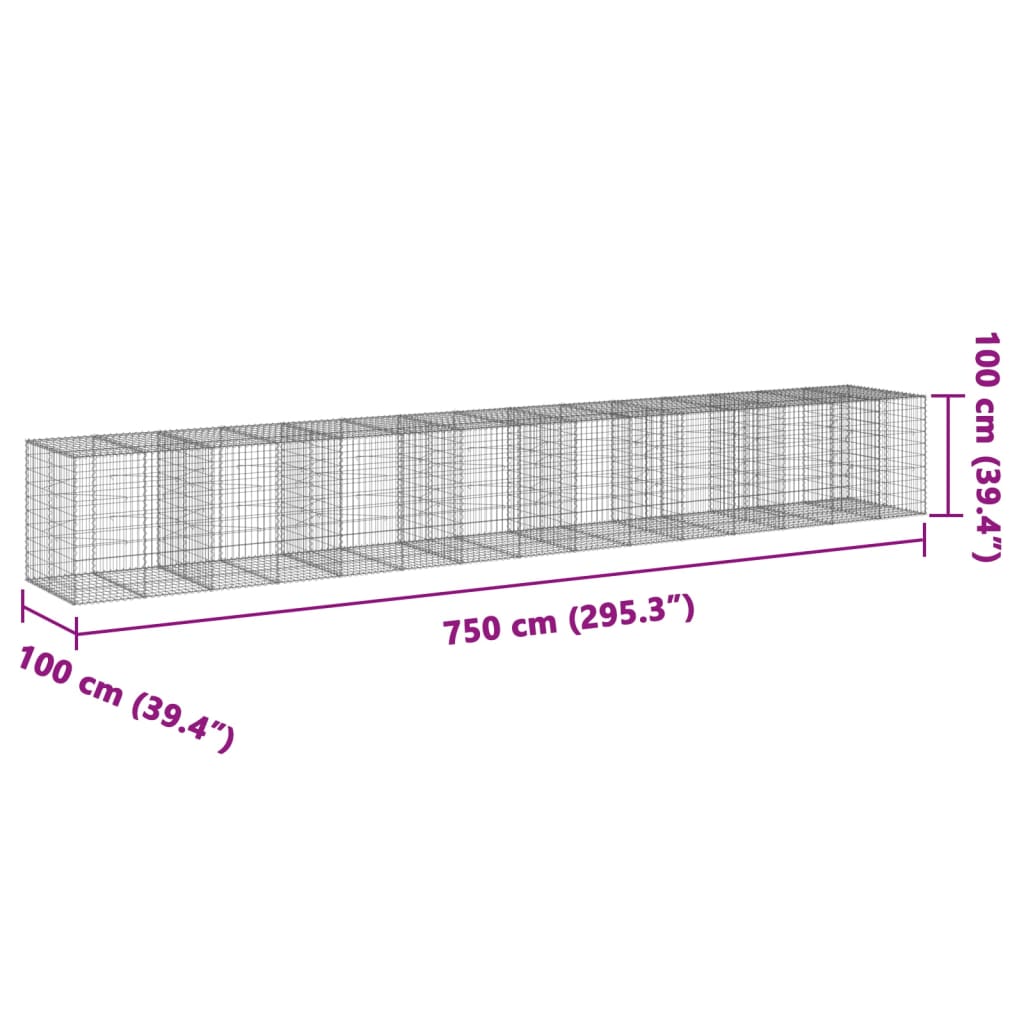 vidaXL Габионна кошница с покритие, 750x100x100 см, поцинковано желязо