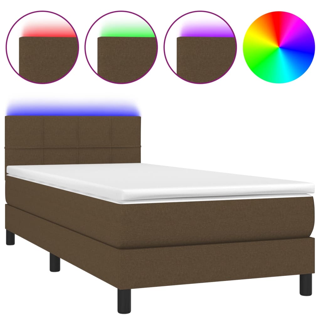 vidaXL Боксспринг легло с матрак и LED, тъмнокафяво, 100x200 см, плат
