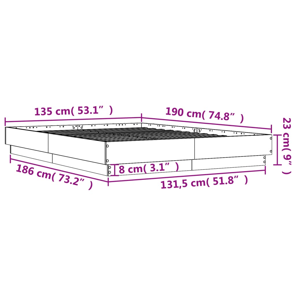 vidaXL Рамка за легло с LED осветление, дъб сонома, 135x190 см