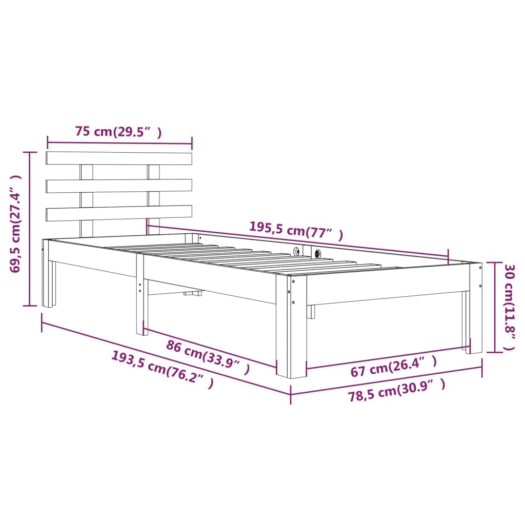 vidaXL Рамка за легло бяла масивно дърво 75x190 см 2FT6 Small Single