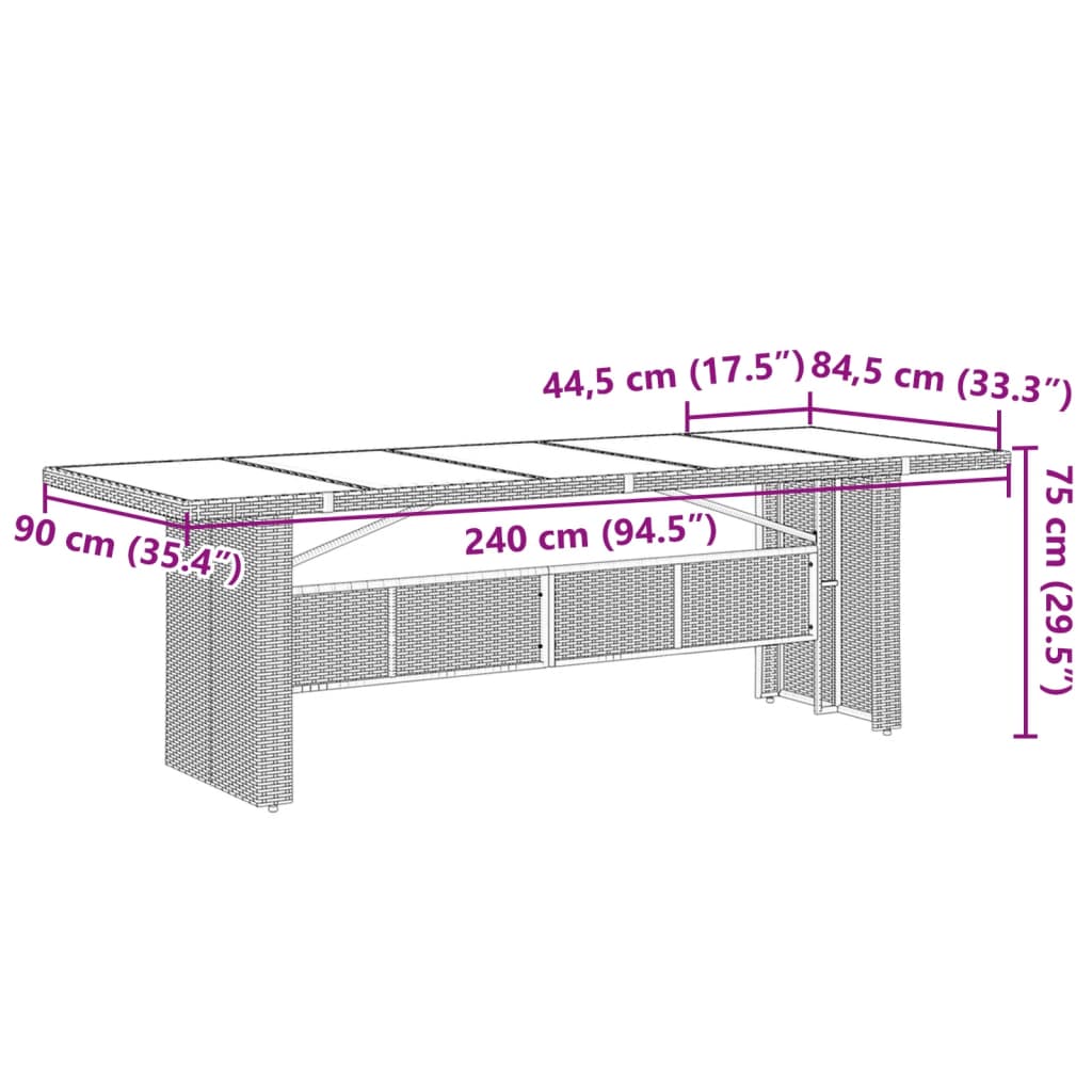 vidaXL Градинска маса със стъклен плот черен 240x90x75 см полиратан