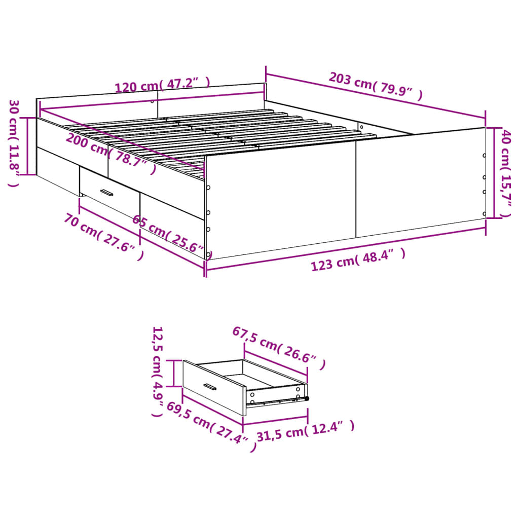 vidaXL Рамка за легло с чекмедже кафяв дъб 120x200 см инженерно дърво