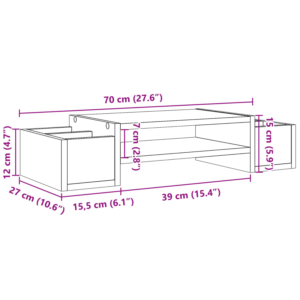 vidaXL Поставка за монитор за съхранение, кафяв дъб, 70x27x15 см