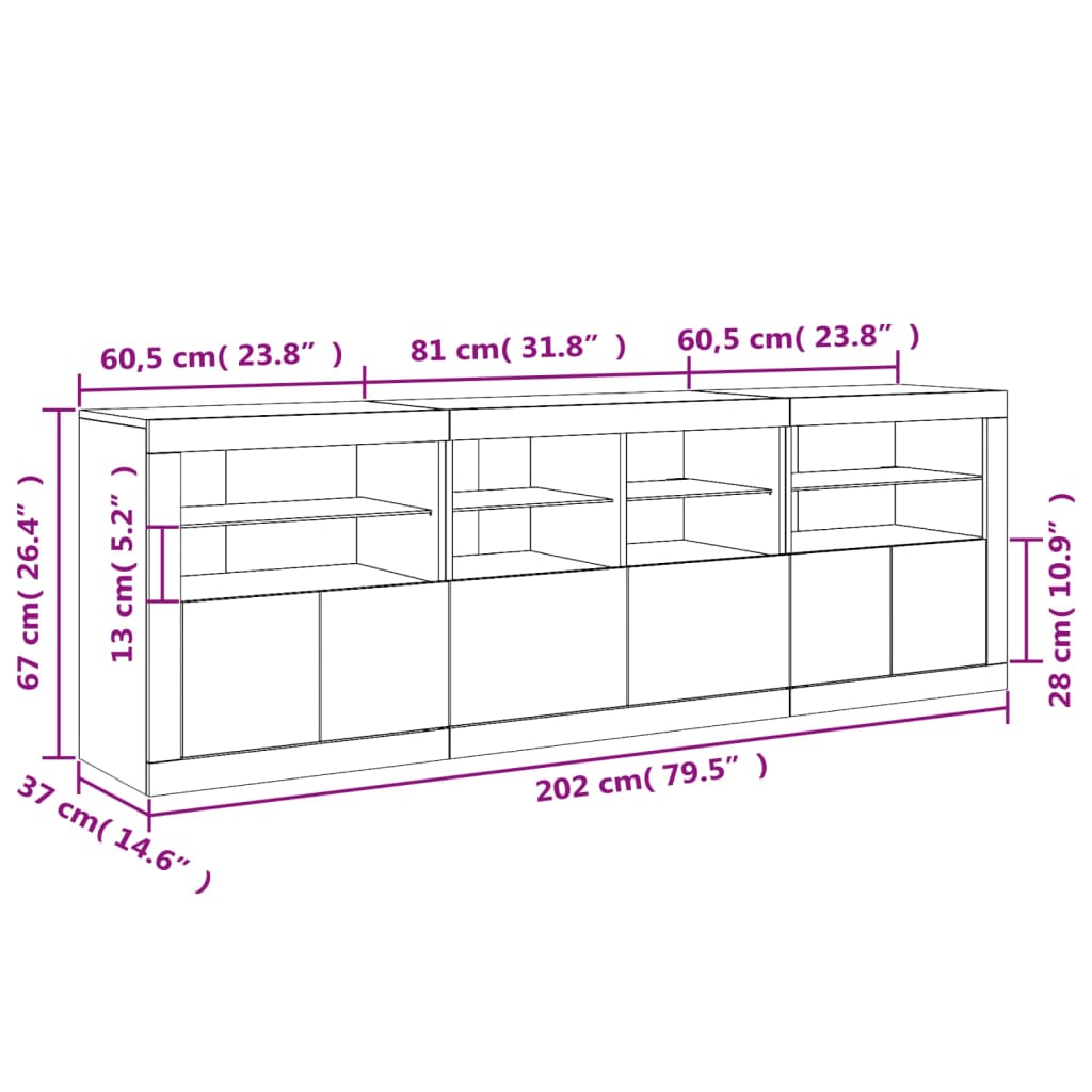 vidaXL Сайдборд с LED светлини, бял, 202x37x67 см