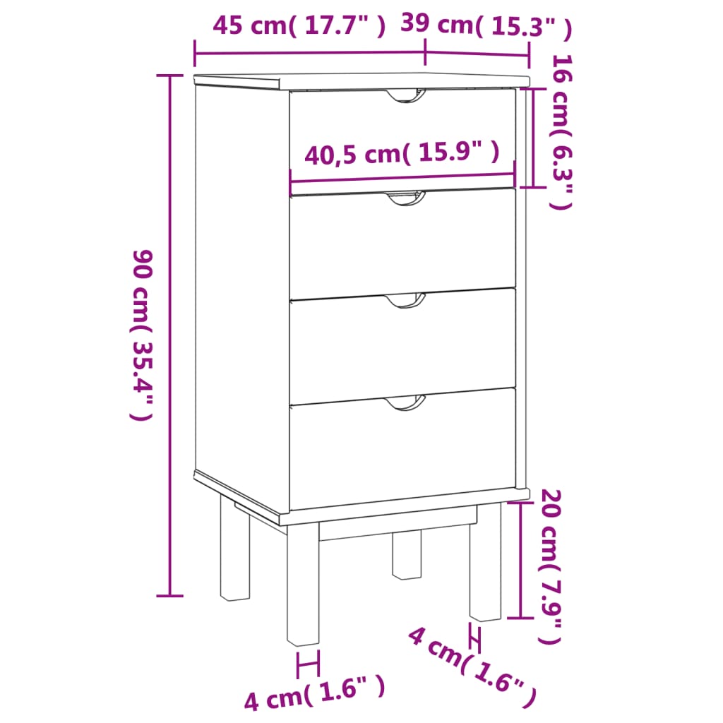 vidaXL Шкаф с чекмеджета OTTA, 45x39x90 см, борово дърво масив