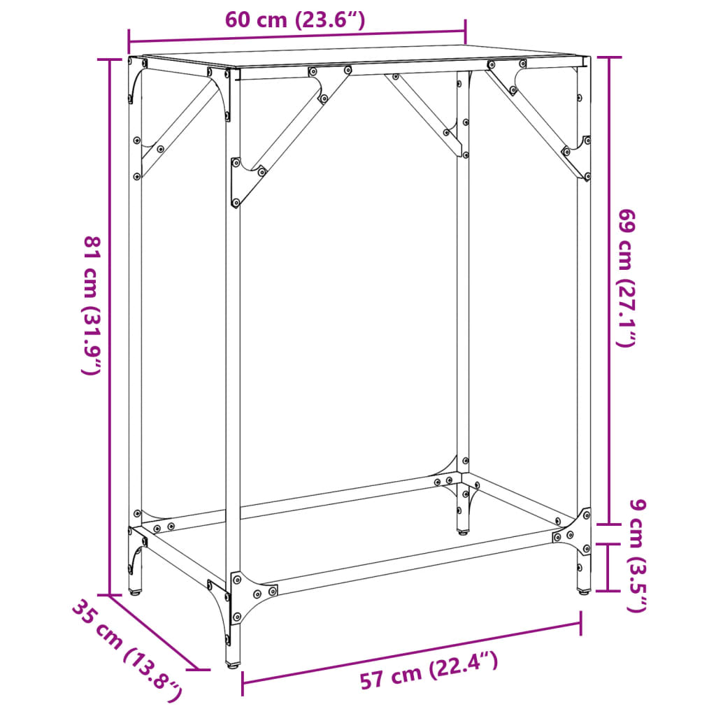 vidaXL Конзолна маса с прозрачен стъклен плот 60x35x81 см стомана