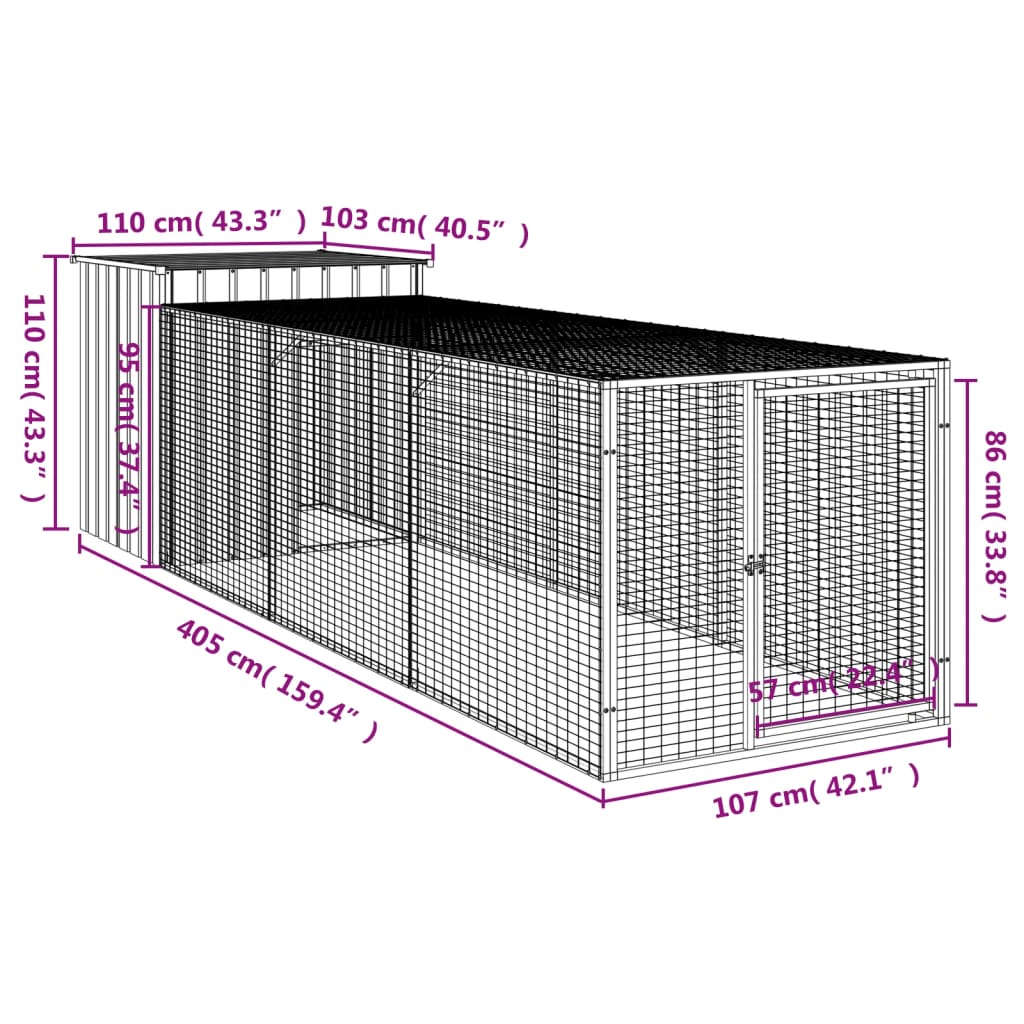 vidaXL Клетка за пилета с волиера, светлосива, 110x405x110 см, стомана