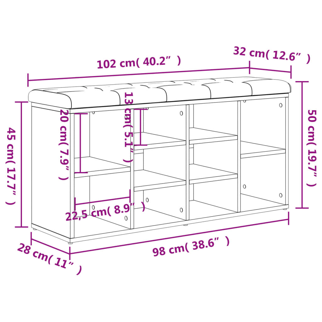 vidaXL Пейка за обувки, сонома дъб, 102x32x50 см, инженерно дърво