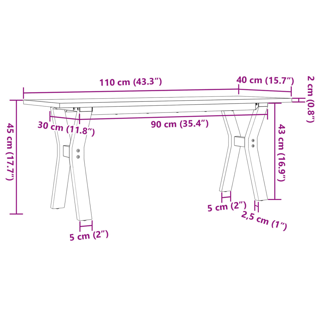 vidaXL Кафе маса Y-образна рамка 110x40x45 см бор масив и чугун