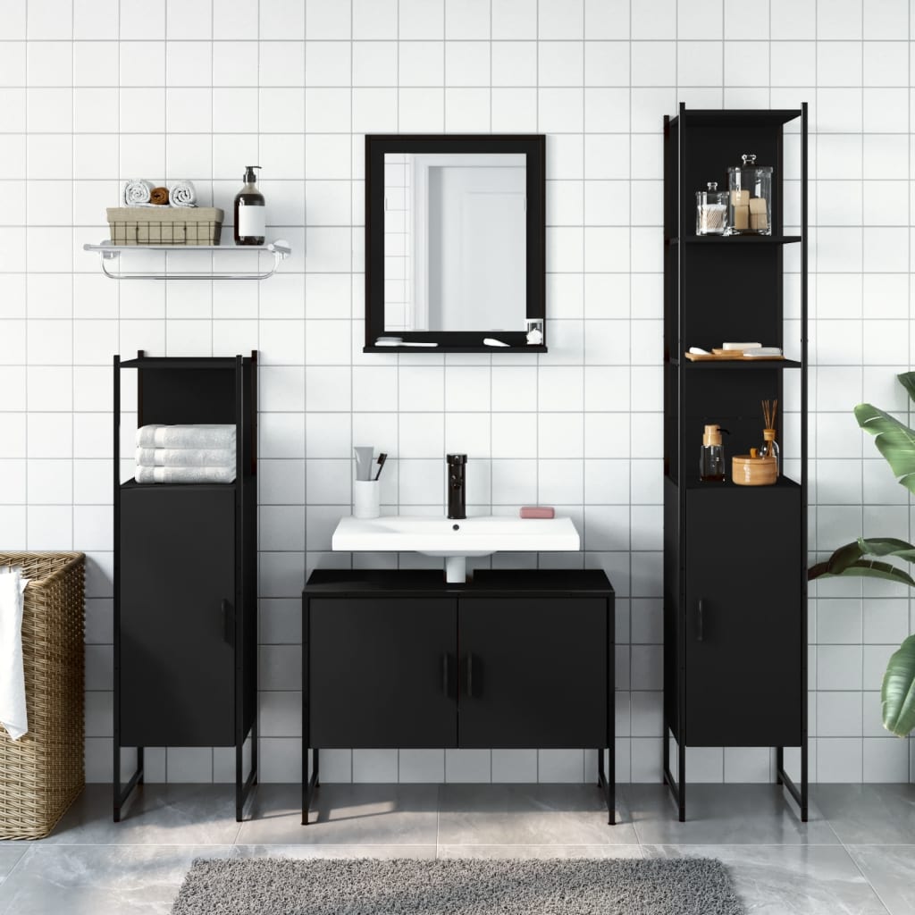 vidaXL Комплект шкаф за баня от 4 части, черен, инженерно дърво