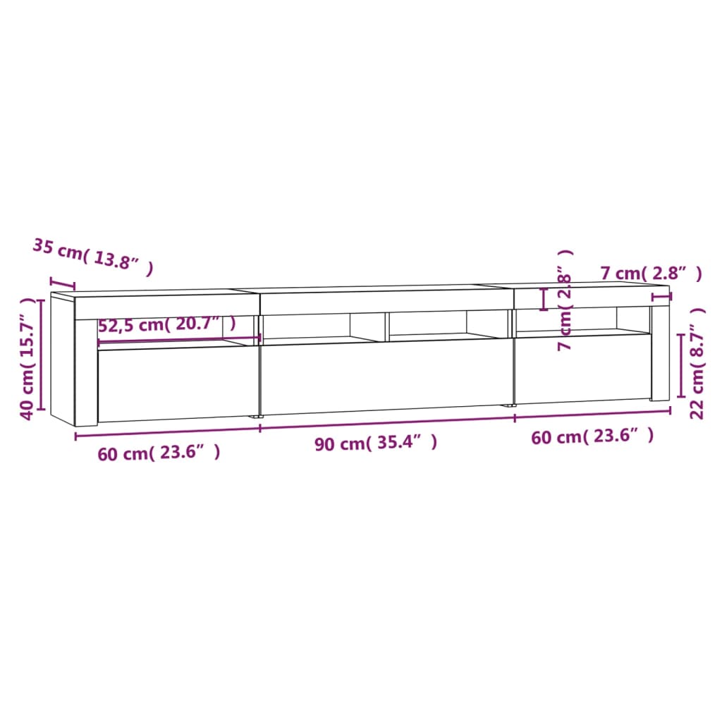 vidaXL ТВ шкаф с LED осветление, сив сонома, 210x35x40 см