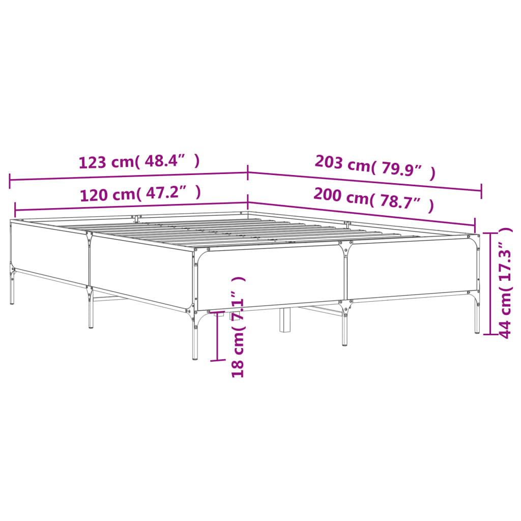 vidaXL Рамка за легло, опушен дъб, 120x200 см, инженерно дърво и метал