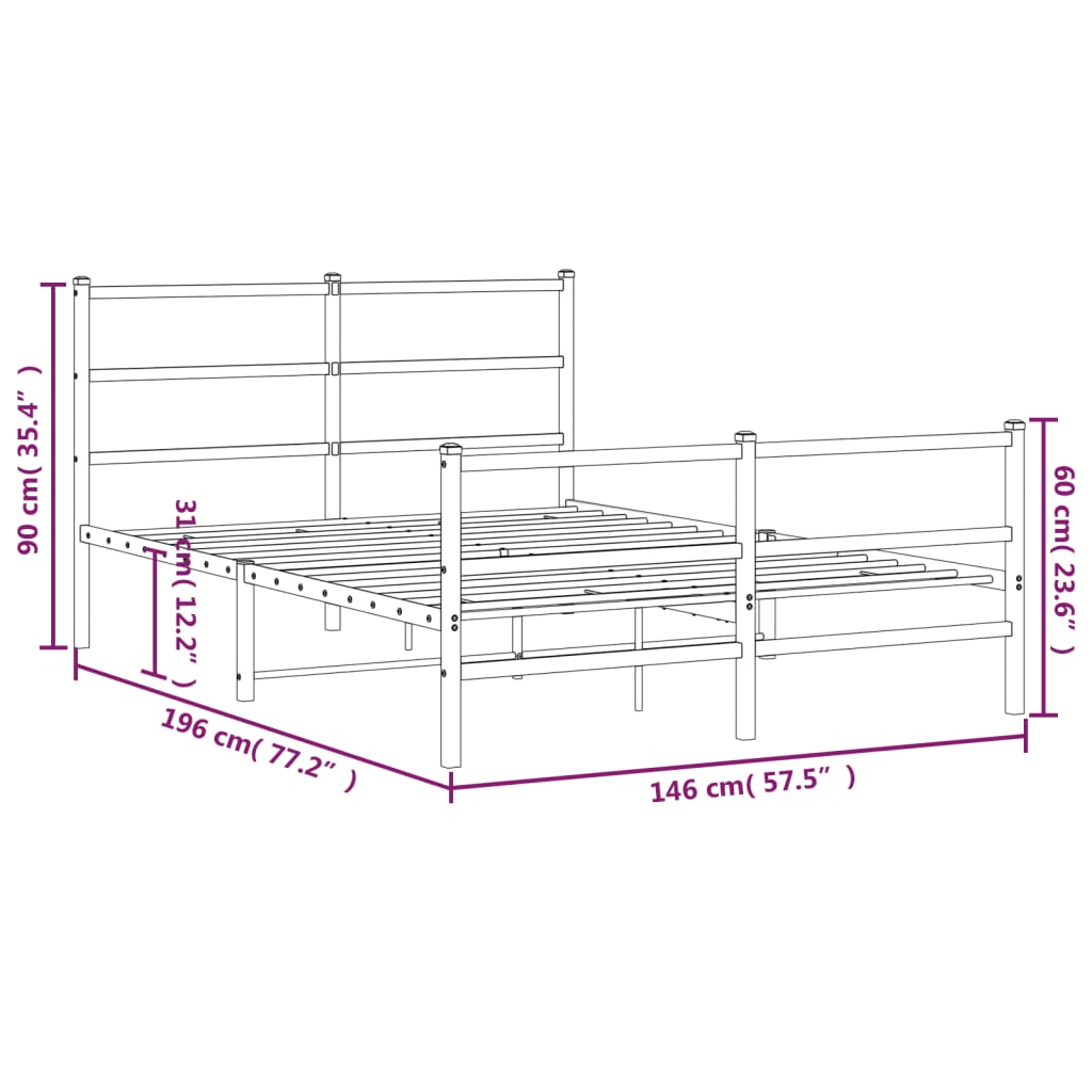 vidaXL Метална рамка за легло с горна и долна табла, черна, 140x190 см