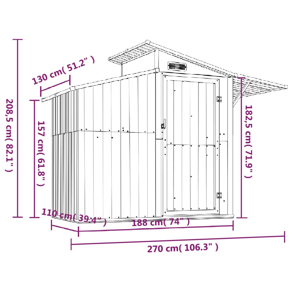 vidaXL Градинска барака сива 270x130x208,5 см поцинкована стомана