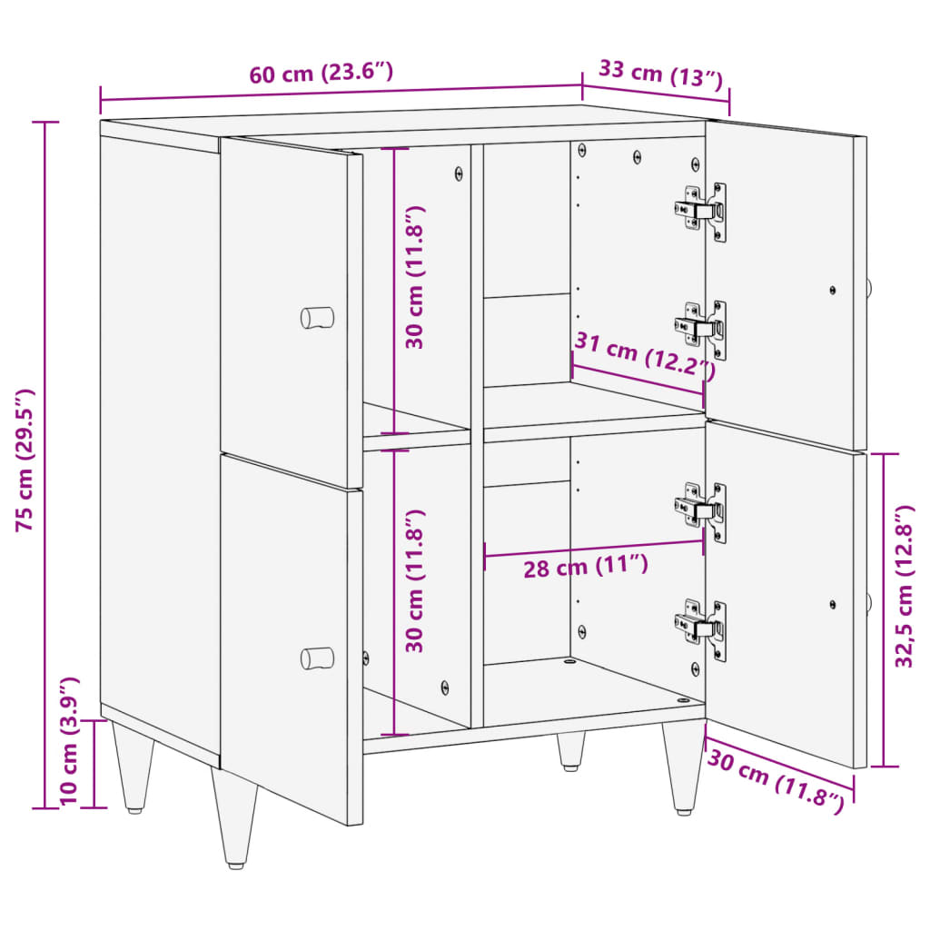 vidaXL Страничен шкаф 60x33x75 см манго масивно дърво