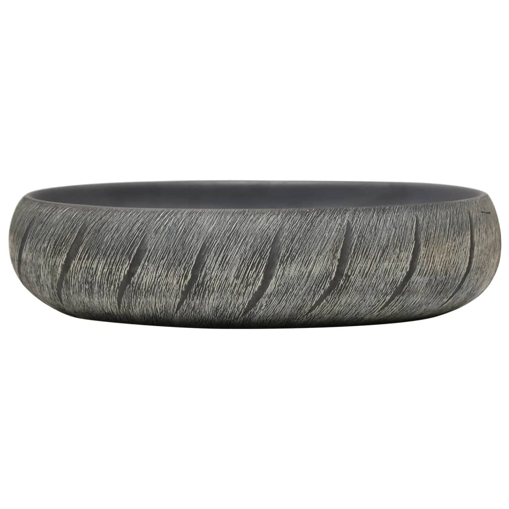 vidaXL Мивка за плот, черно и сиво, овална, 59x40x15 см, керамика