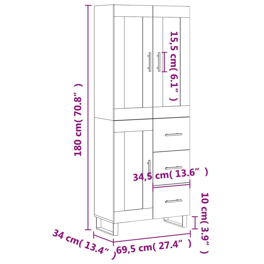 vidaXL Висок шкаф, опушен дъб, 69,5x34x180 см, инженерно дърво