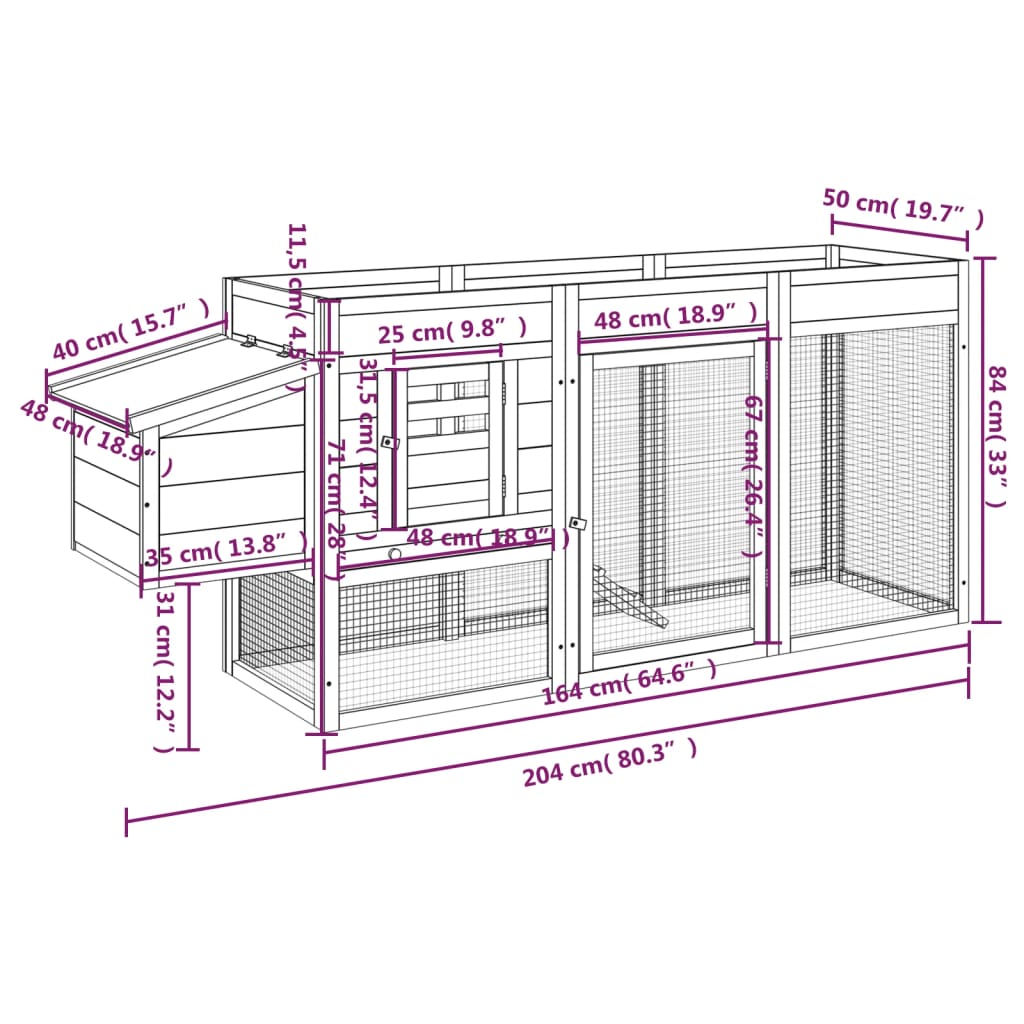 vidaXL Кокошарник кафяв 204x50x84 см бор масив