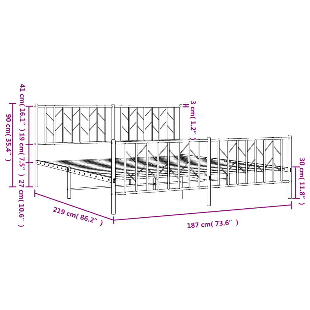 vidaXL Метална рамка за легло с горна и долна табла, бяла, 183x213 см