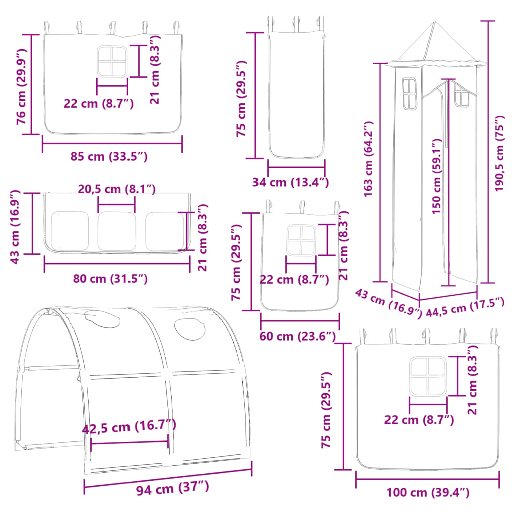 vidaXL Двуетажно легло с пързалка и завеси, синьо, 80x200 см