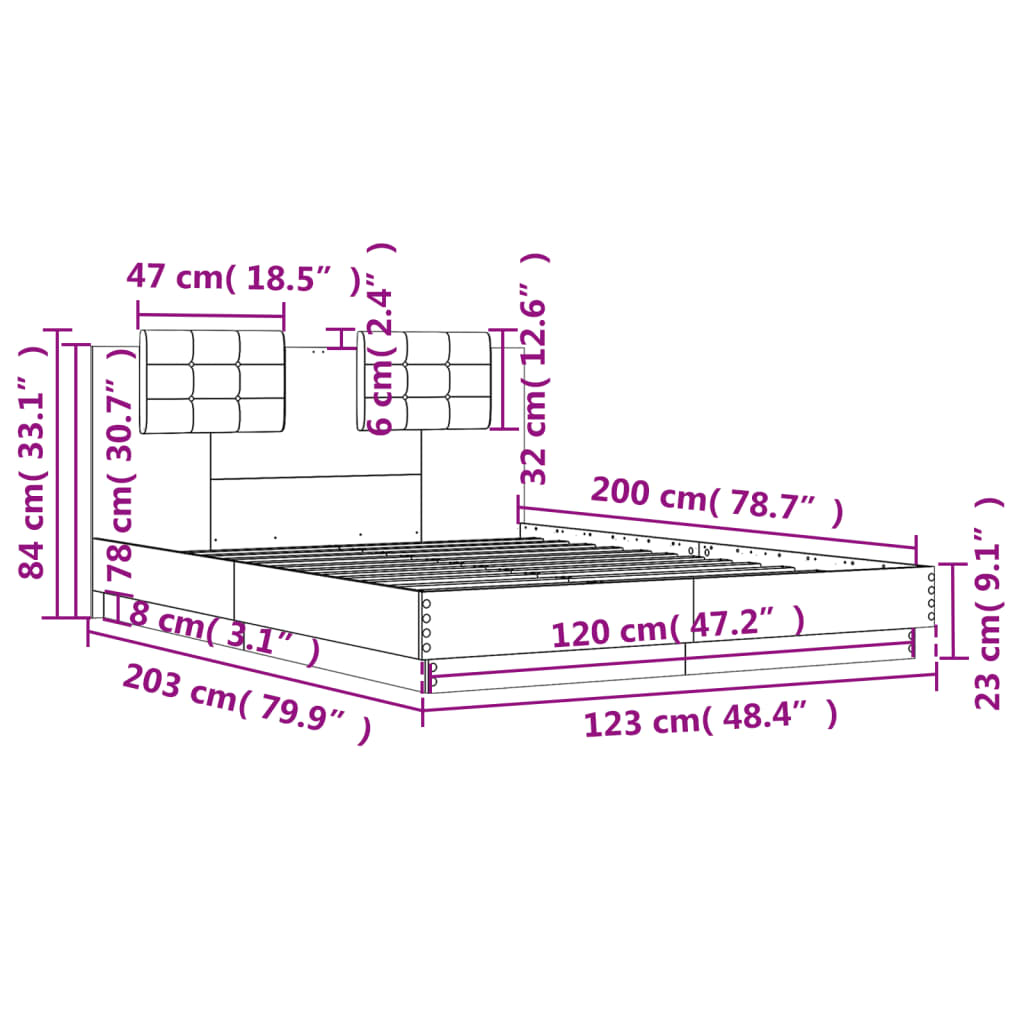 vidaXL Рамка за легло с табла и LED осветление, дъб сонома, 120x200 см