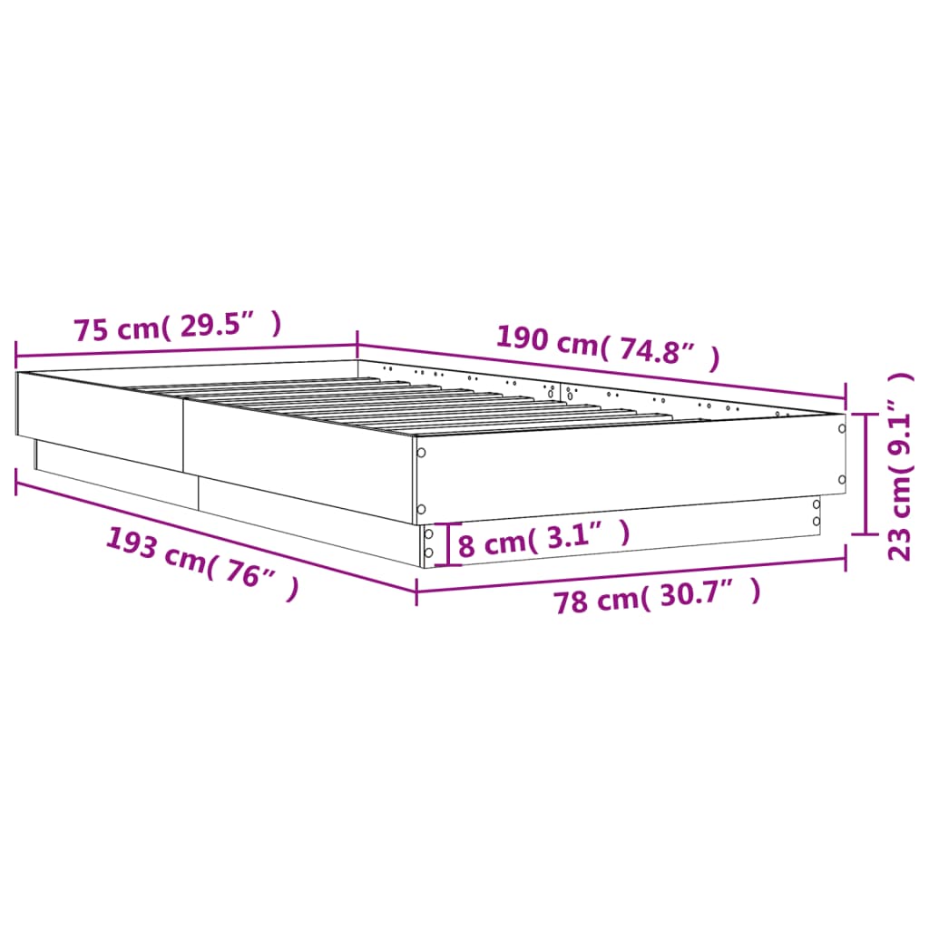 vidaXL Рамка за легло, бетонно сиво, 75x190 см, инженерно дърво