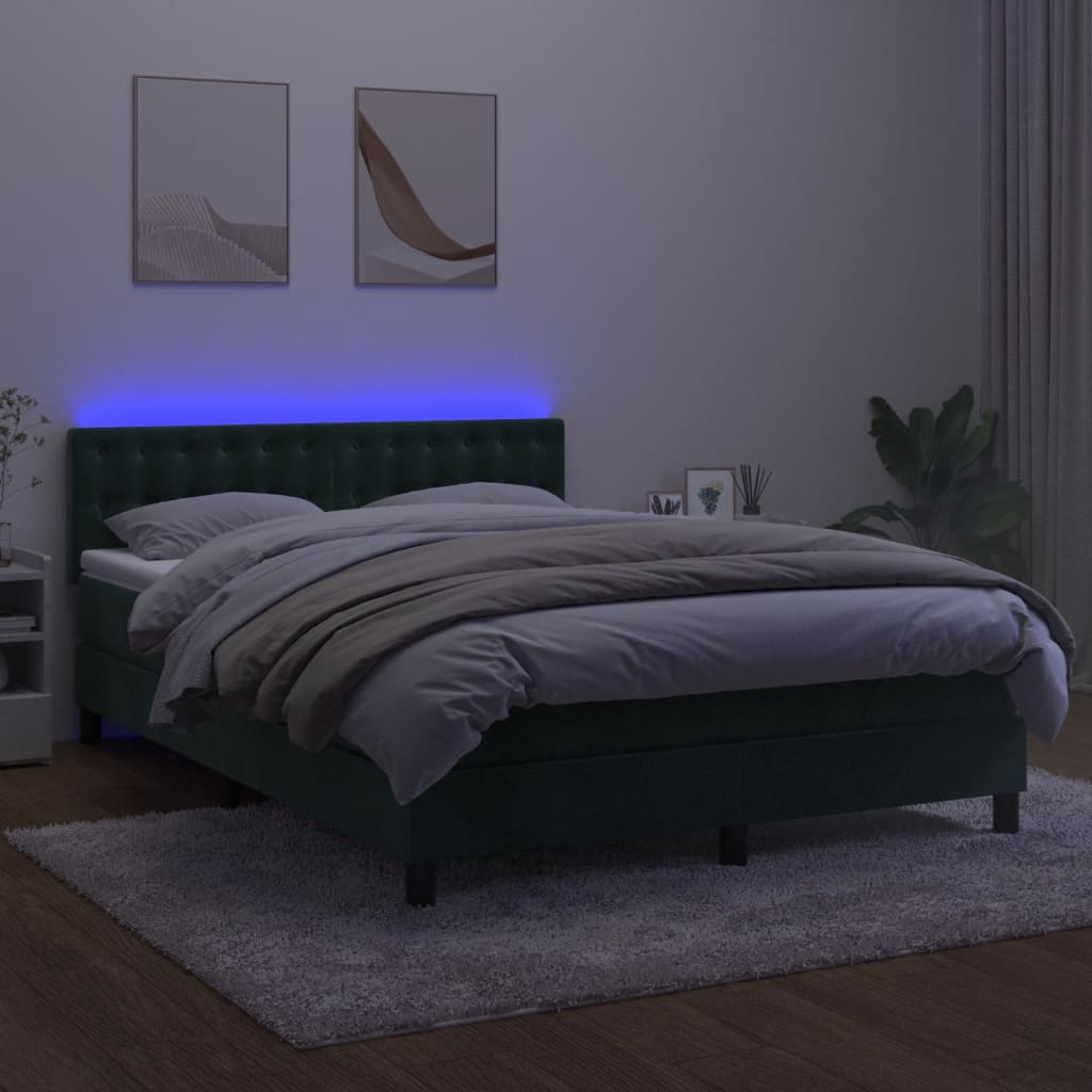 vidaXL Боксспринг легло с матрак и LED, тъмнозелено, 140x200см, кадифе