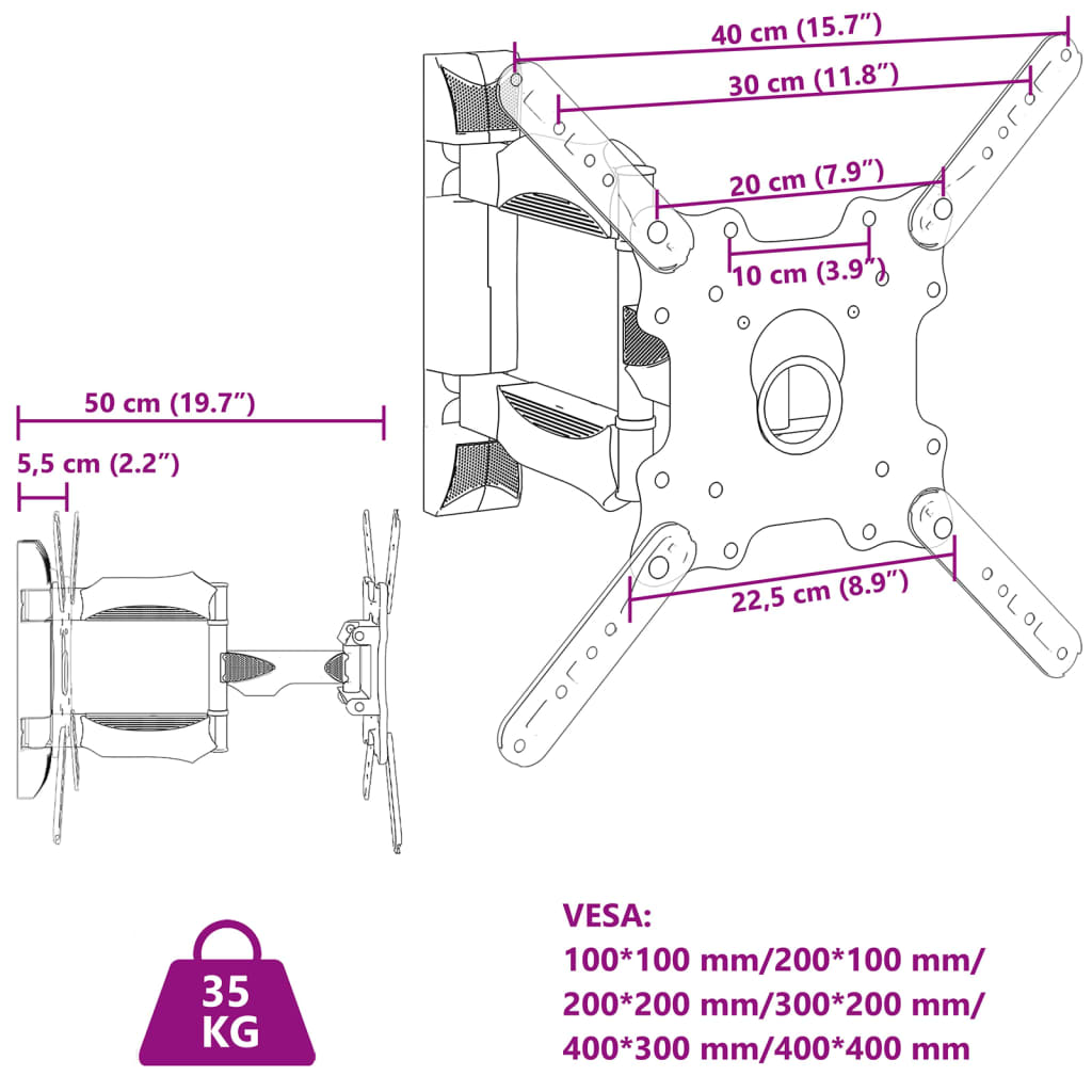 vidaXL ТВ стойка за стена за 32-55 инча екран VESA 400x400 мм 35 кг