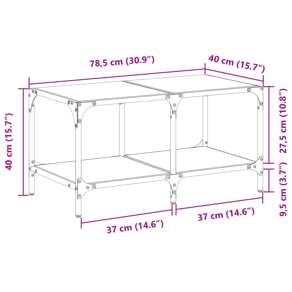 vidaXL Маса за кафе с прозрачен стъклен плот 78,5x40x40 см стомана