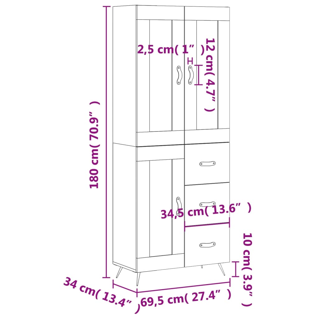 vidaXL Висок шкаф, бял гланц, 69,5x34x180 см, инженерно дърво