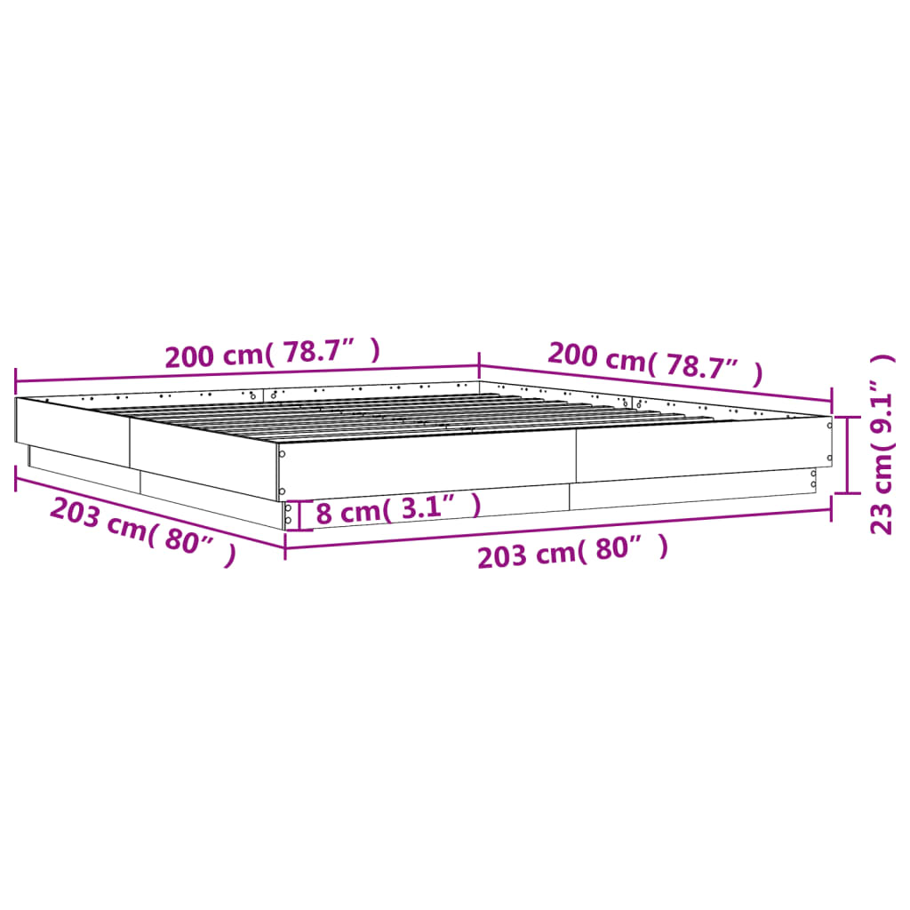 vidaXL Рамка за легло с LED осветление, дъб сонома, 200x200 см