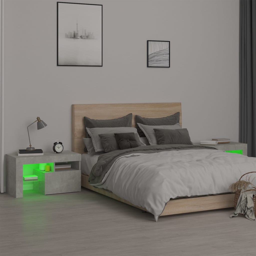vidaXL Нощни шкафчета 2 бр с LED осветление бетонно сиви 70x36,5x40 см