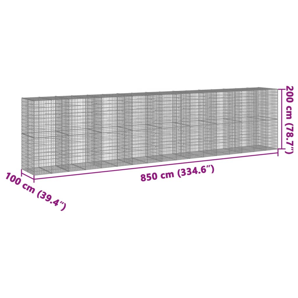 vidaXL Габионна кошница с покритие, 850x100x200 см, поцинковано желязо