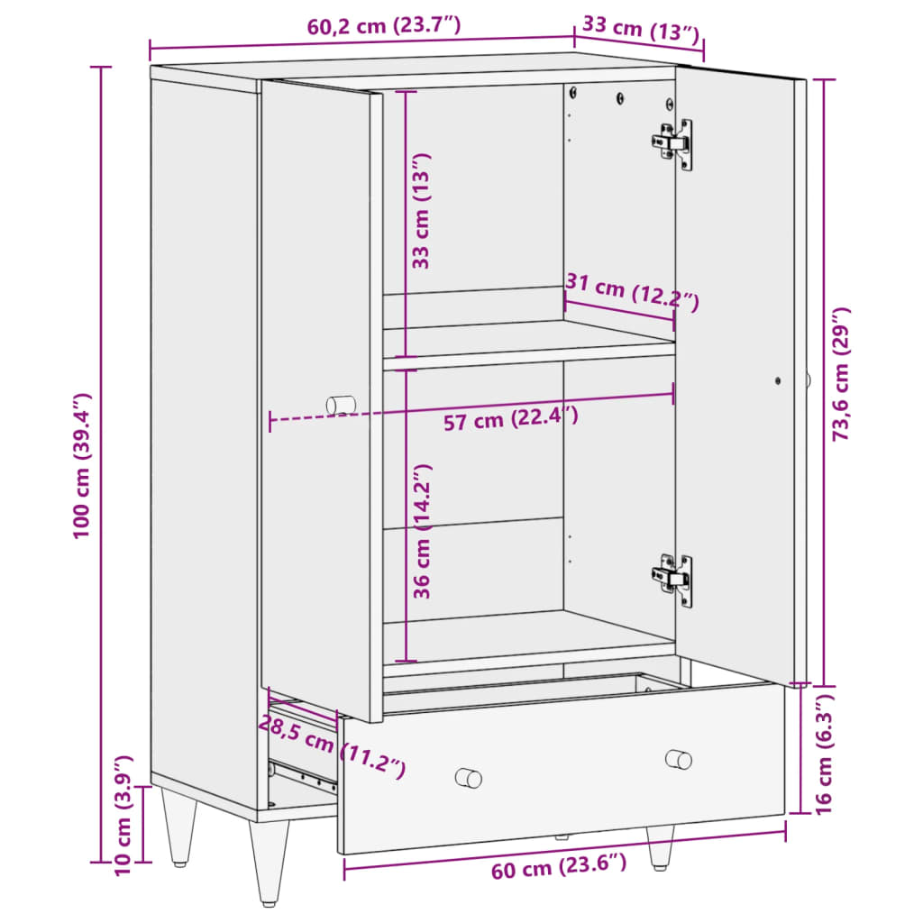 vidaXL Висок шкаф, 60x33x100 см, мангово дърво масив