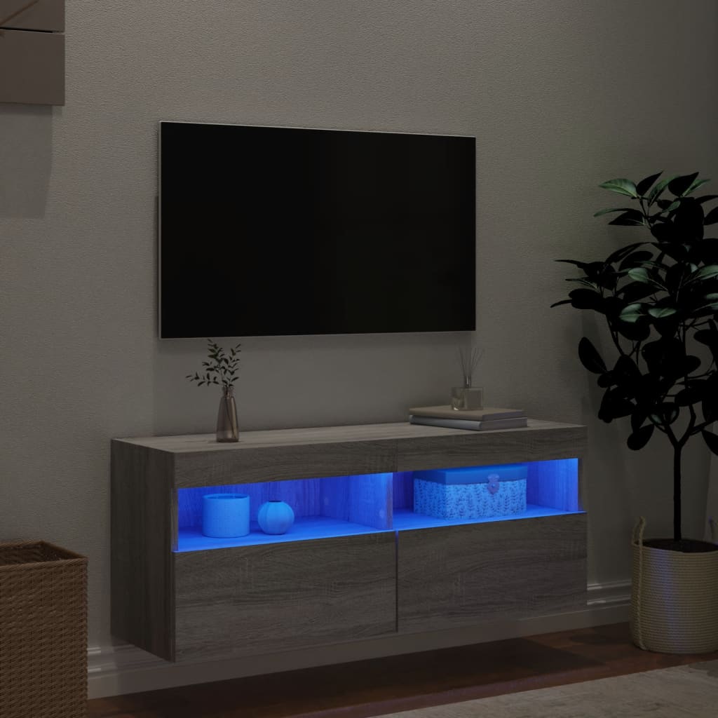 vidaXL Стенен ТВ шкаф с LED осветление, сив сонома, 100x30x40 см
