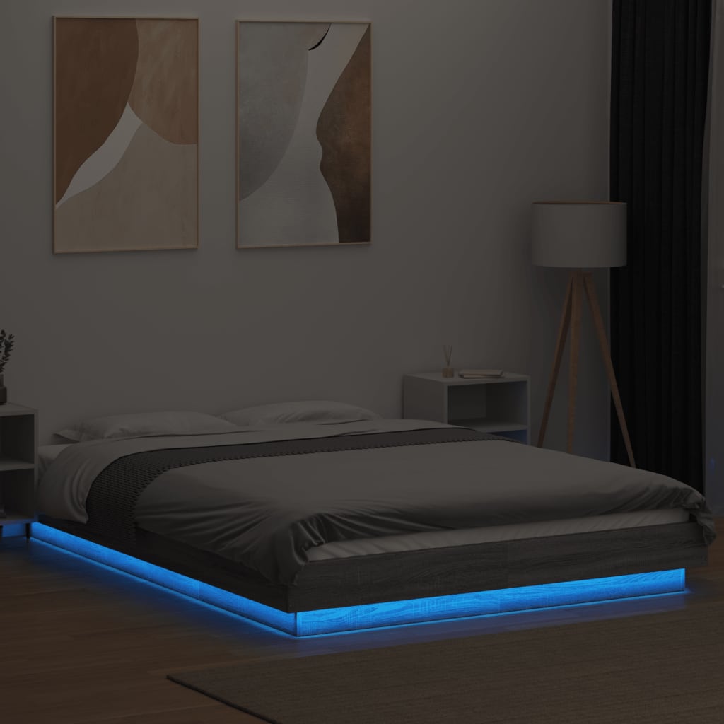 vidaXL Рамка за легло с LED осветление, сив сонома, 140x200 см