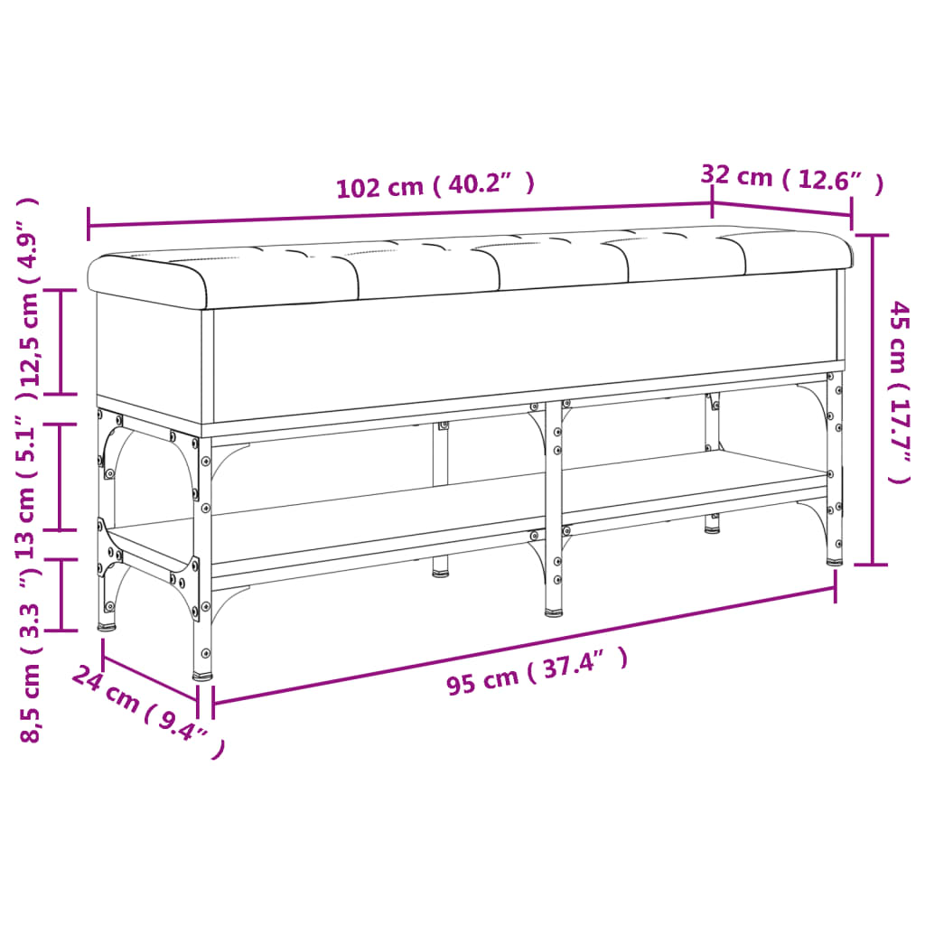 vidaXL Пейка за обувки, сив сонома, 102x32x45 см, инженерно дърво