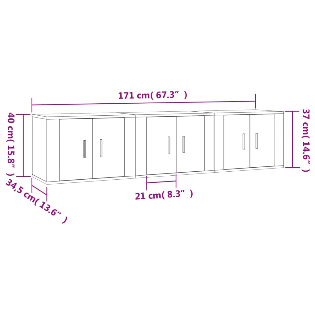 vidaXL ТВ шкафове за стенен монтаж, 3 бр, бели, 57x34,5x40 см