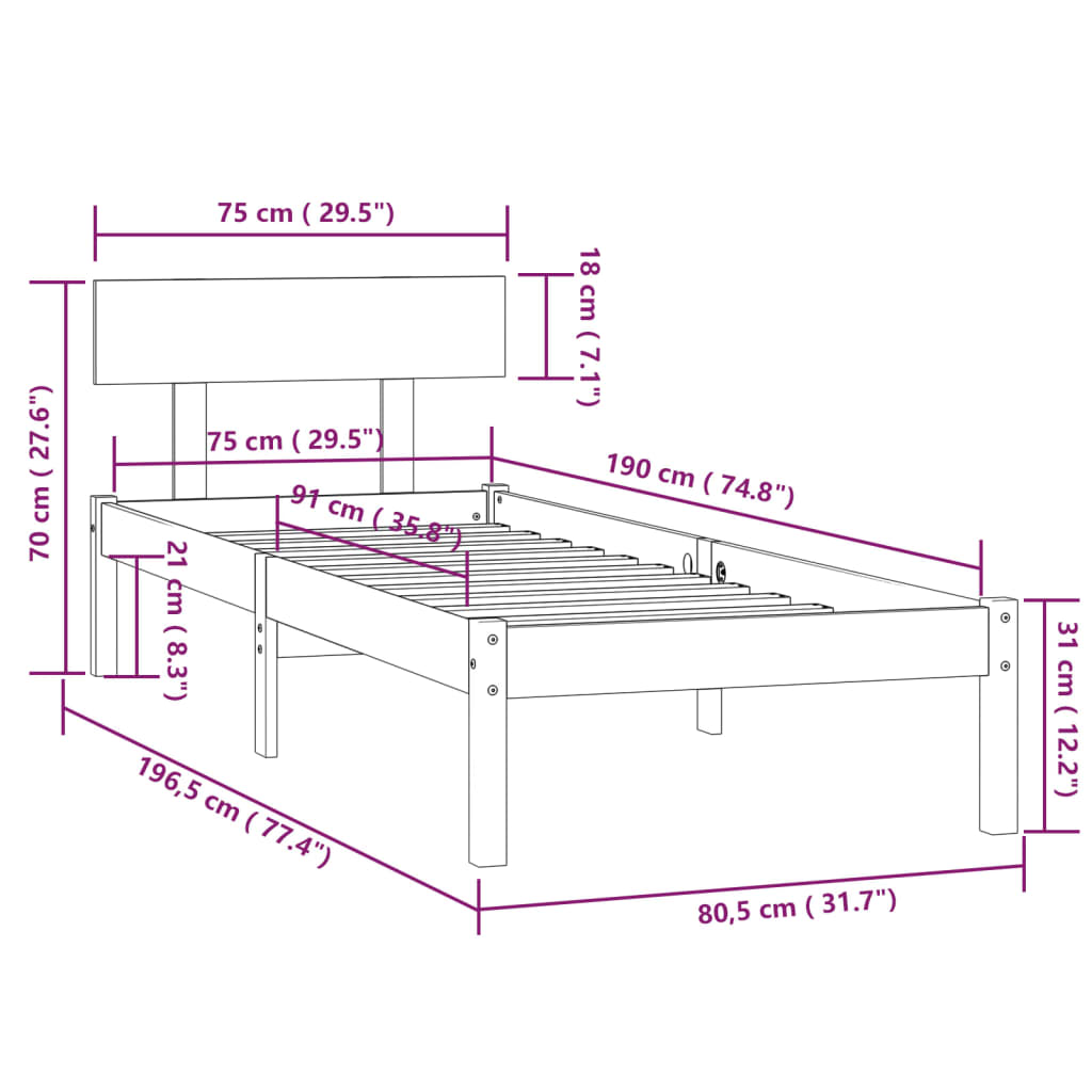 vidaXL Рамка за легло черна масивно дърво 75x190 см Small Single