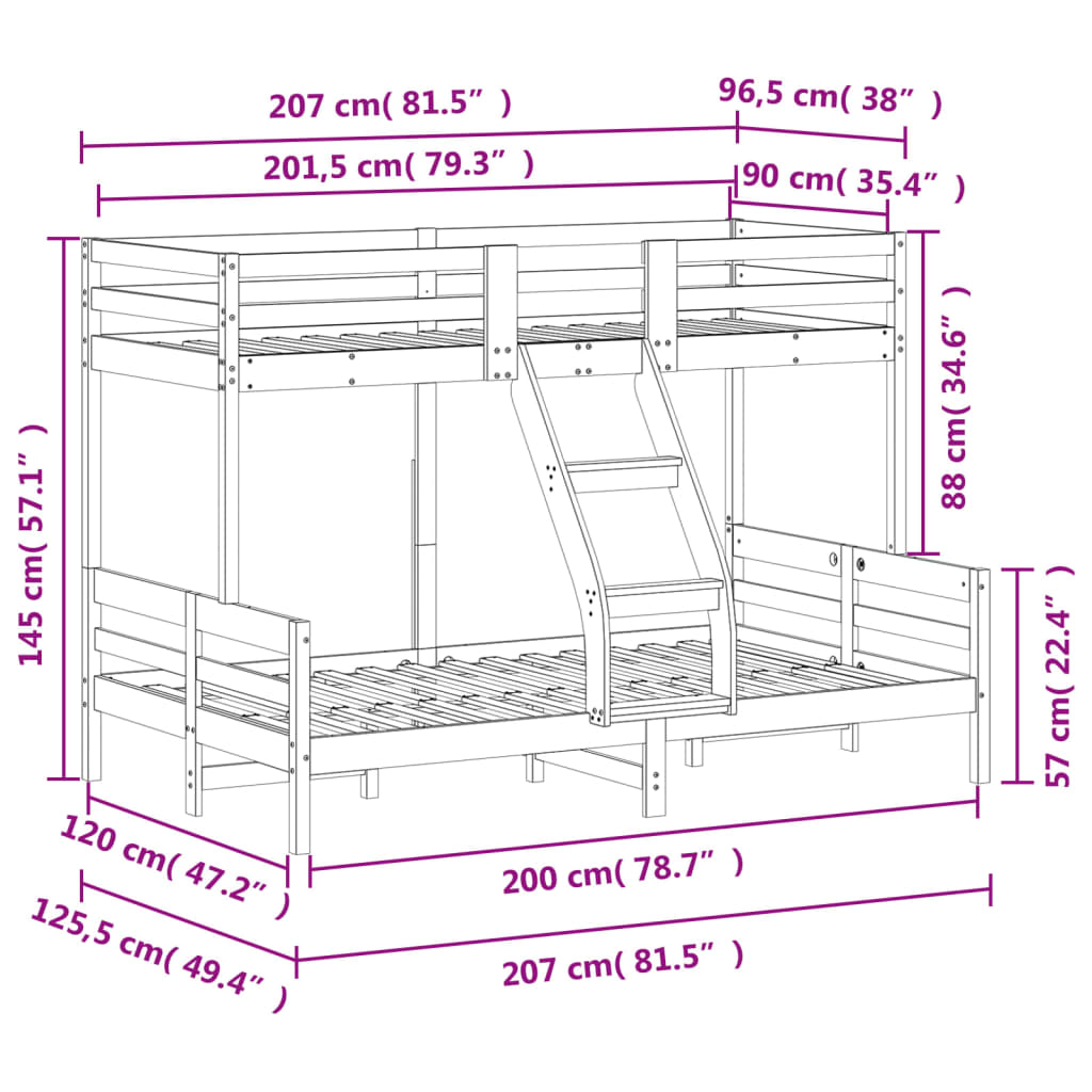 vidaXL Двуетажно легло, 90x200/120x200 см, борово дърво масив