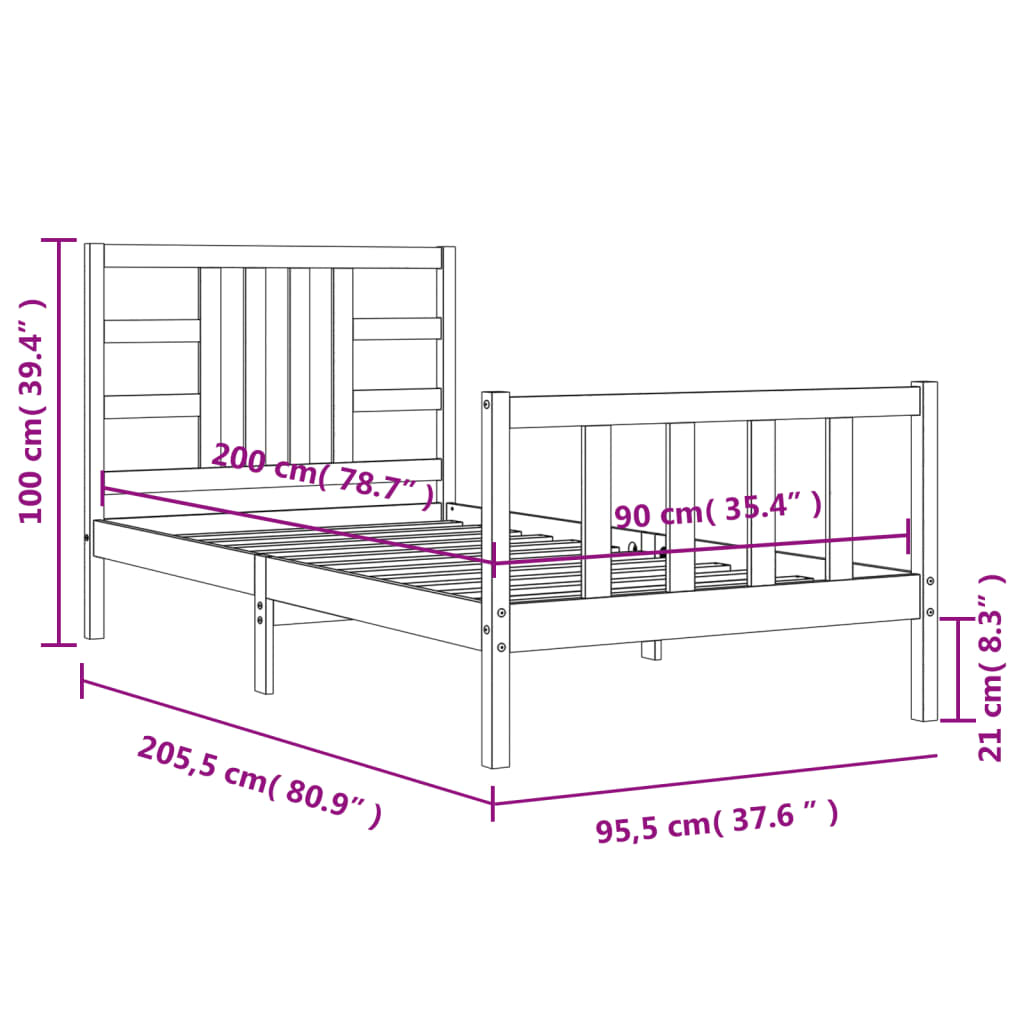 vidaXL Рамка за легло с табла, меденокафява, 90x200 см, масивно дърво