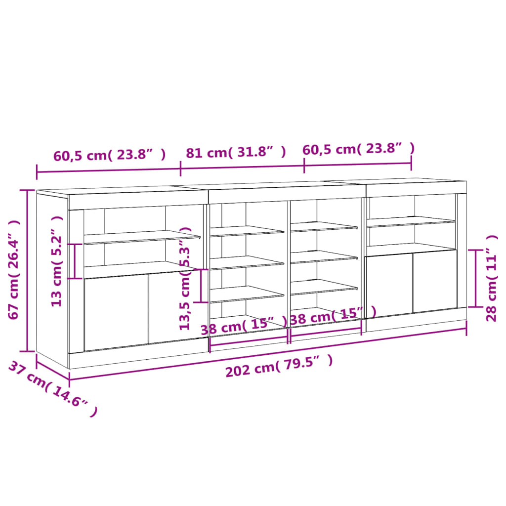 vidaXL Сайдборд с LED светлини, бял, 202x37x67 см