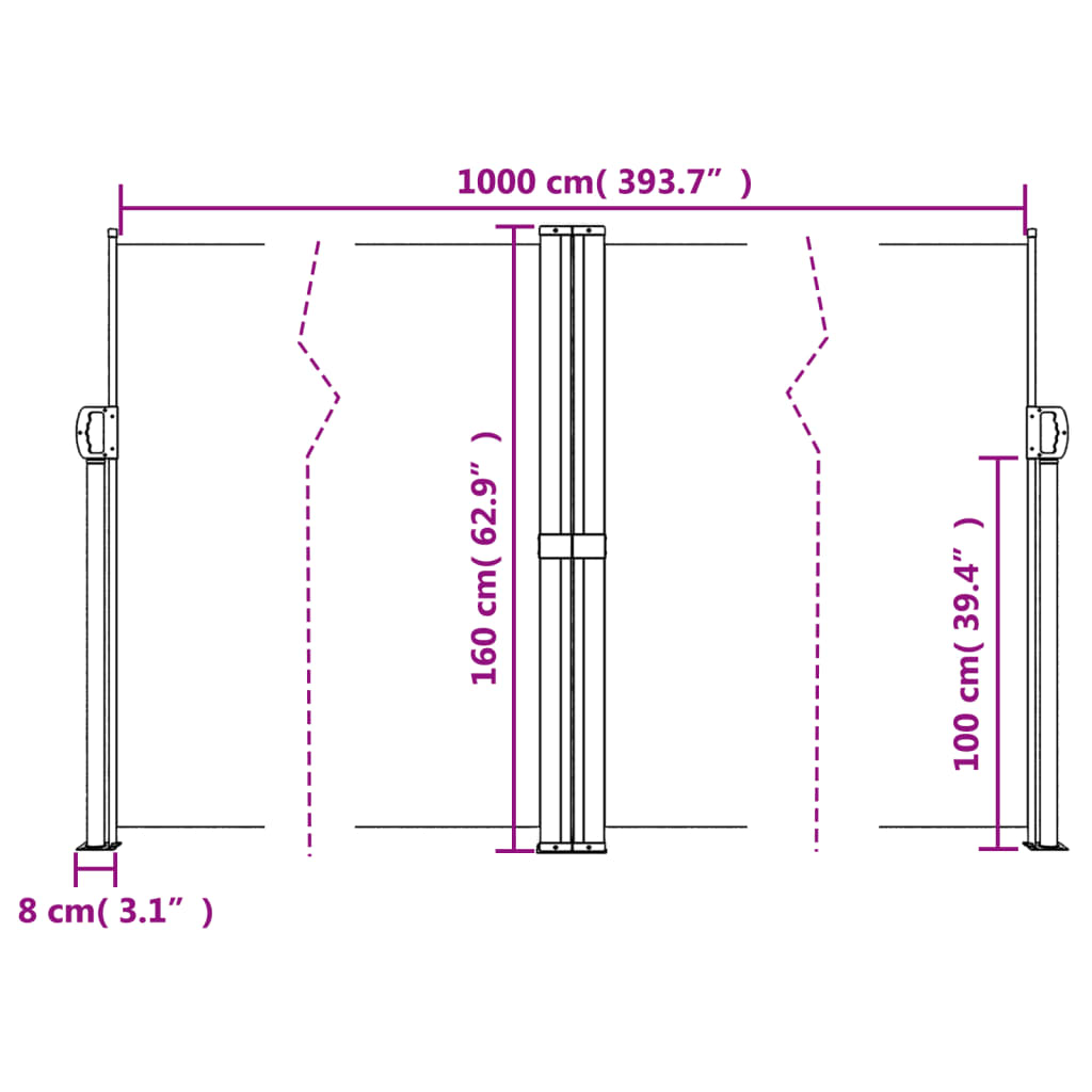 vidaXL Прибираща се странична тента, черна, 160x1000 см