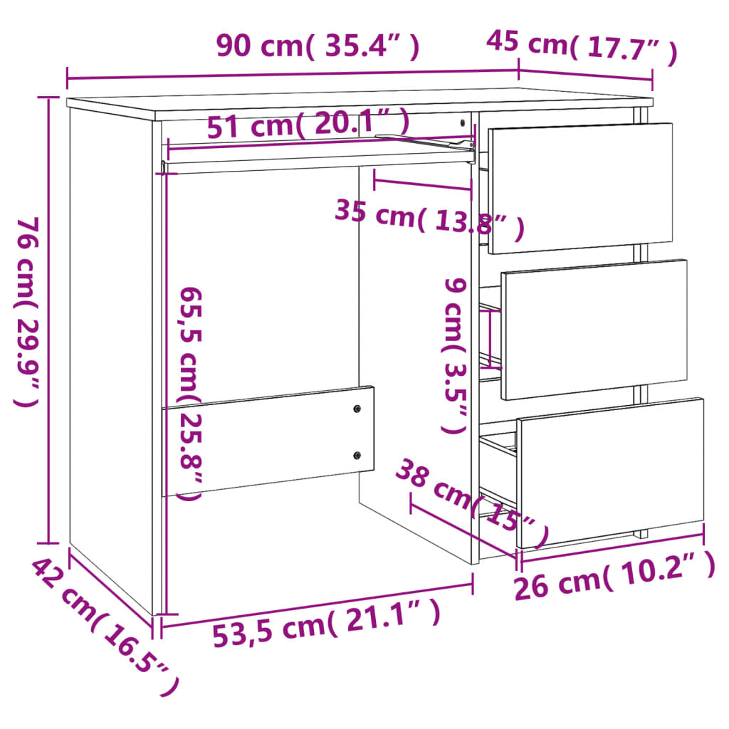 vidaXL Бюро, бяло, 90x45x76 см, инженерно дърво