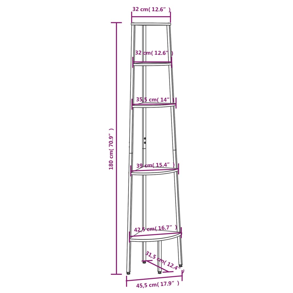 vidaXL Ъглова етажерка с 5 рафта черна 45,5x31,5x180 см