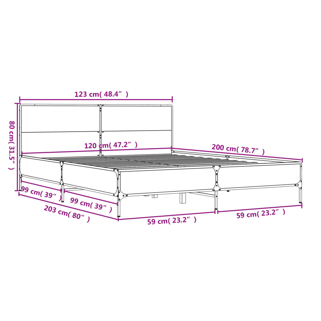 vidaXL Рамка за легло, кафяв дъб, 120x200 см, инженерно дърво и метал