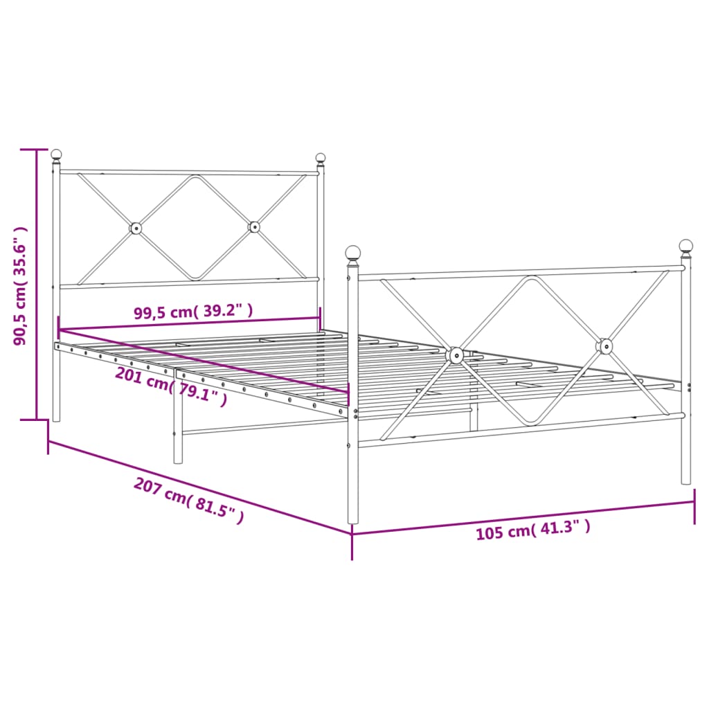 vidaXL Метална рамка за легло с горна и долна табла, бяла, 100x200 см