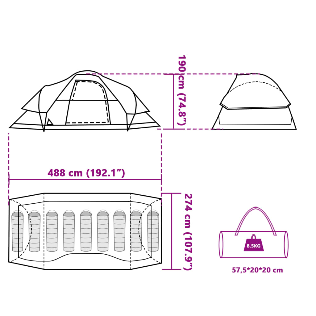 vidaXL Семейна куполна палатка, 9-местна, зелена, водоустойчива