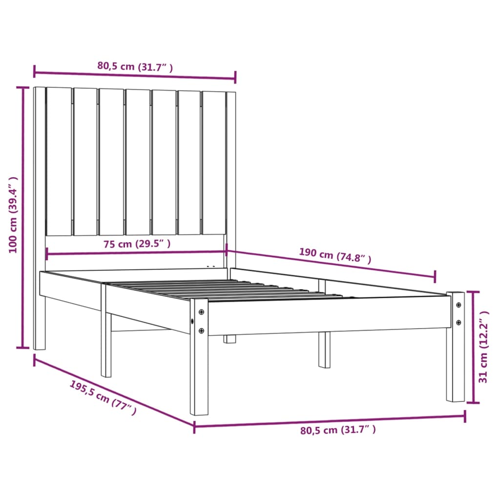 vidaXL Рамка за легло меденокафява дърво 75x190 см 2FT6 Small Single