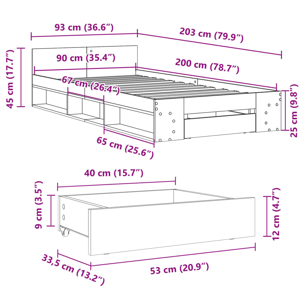 vidaXL Рамка за легло с чекмедже дъб сонома 90x200 см инженерно дърво